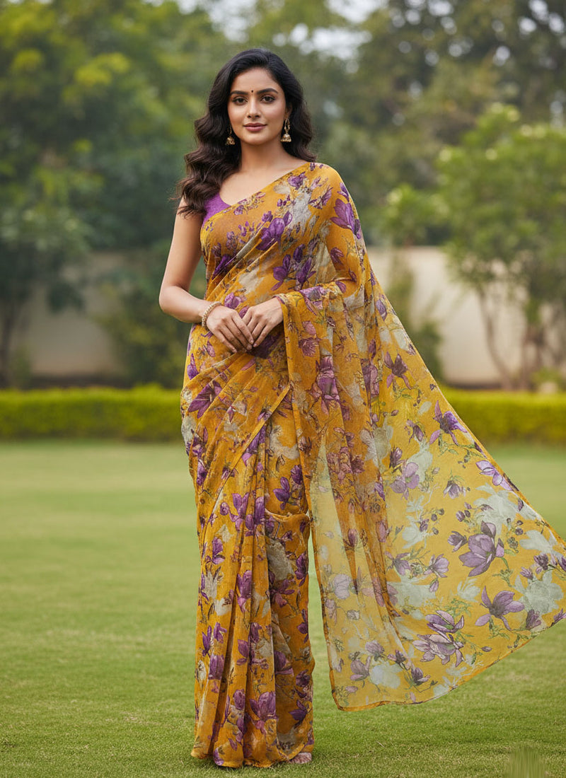 Authentic Garden Vareli Printed Nara Chiffon Saree