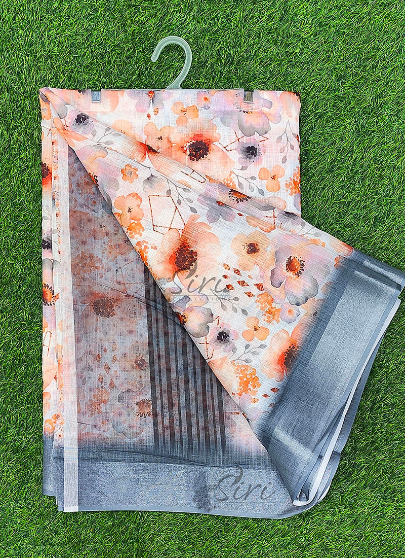 Lovely Digital Print Linen Cotton Saree with Blouse