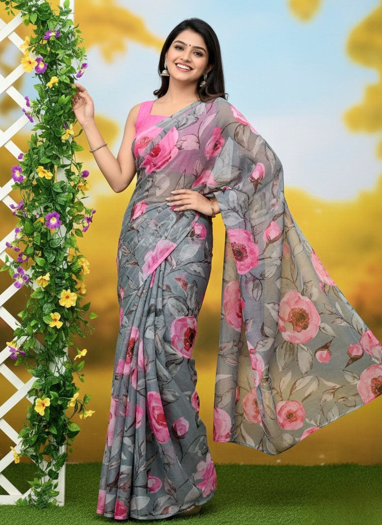 Latest Digital Print Nara Chiffon Saree with Blouse