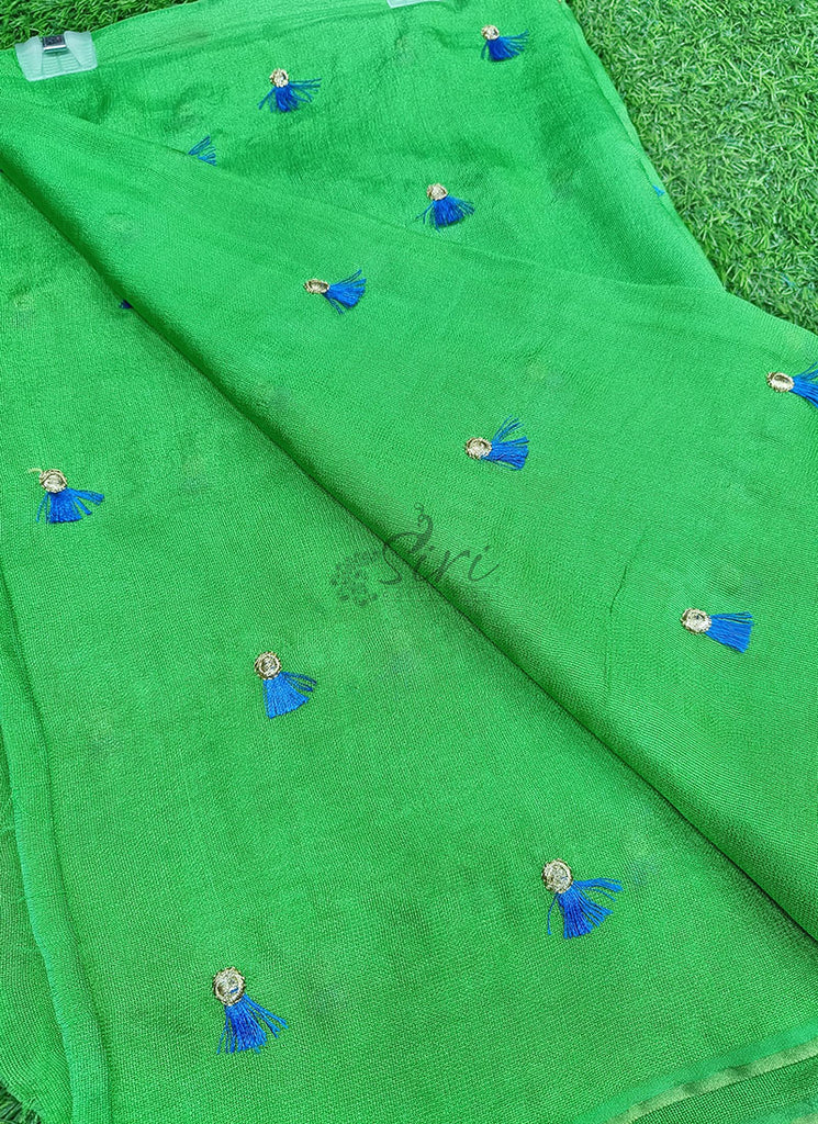 Lovely Jute Georgette Saree in Embroidery Tassel Butis