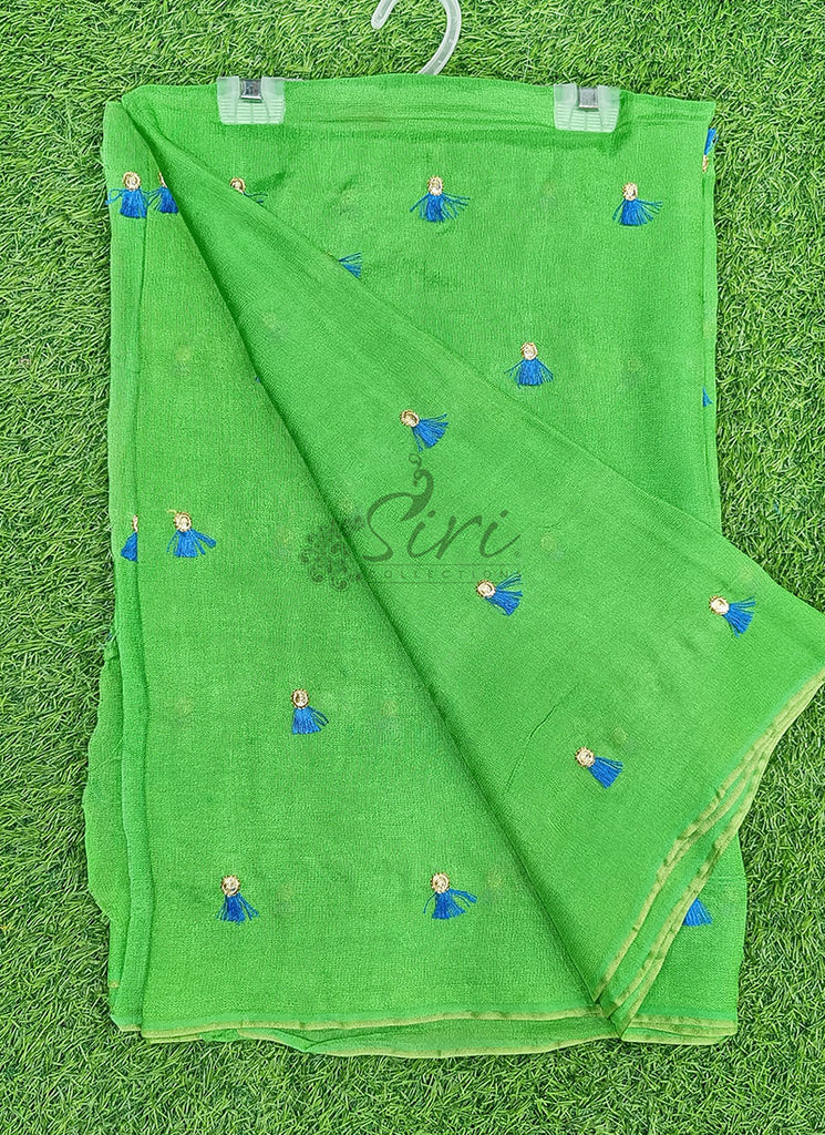 Lovely Jute Georgette Saree in Embroidery Tassel Butis