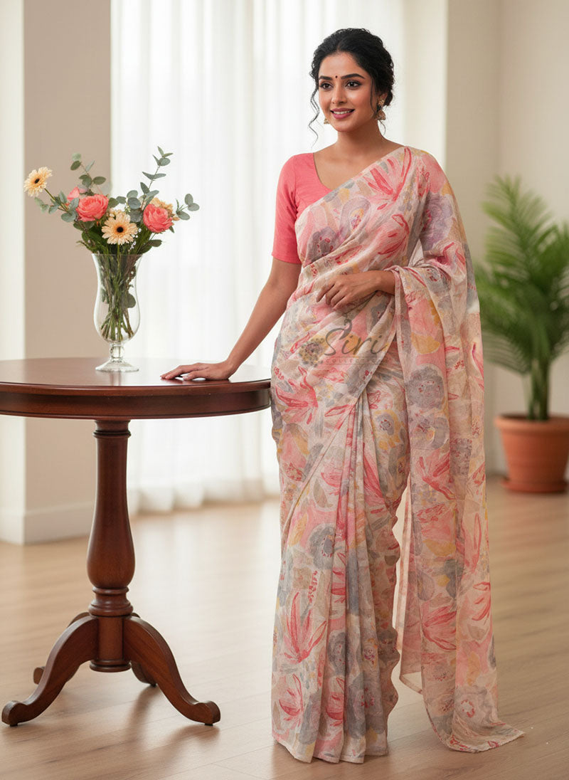 Latest Beautiful Printed Floral Chiffon Saree