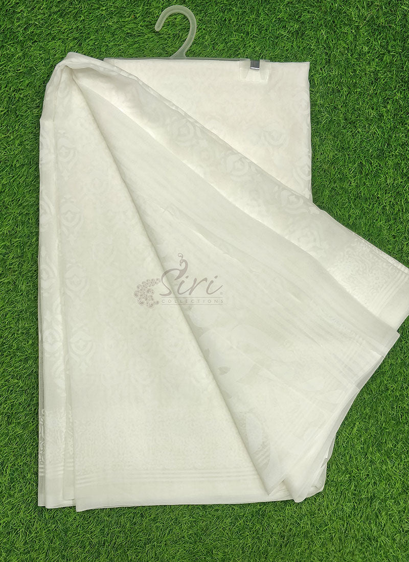 Beautiful White Summer Roganza Brasso Saree