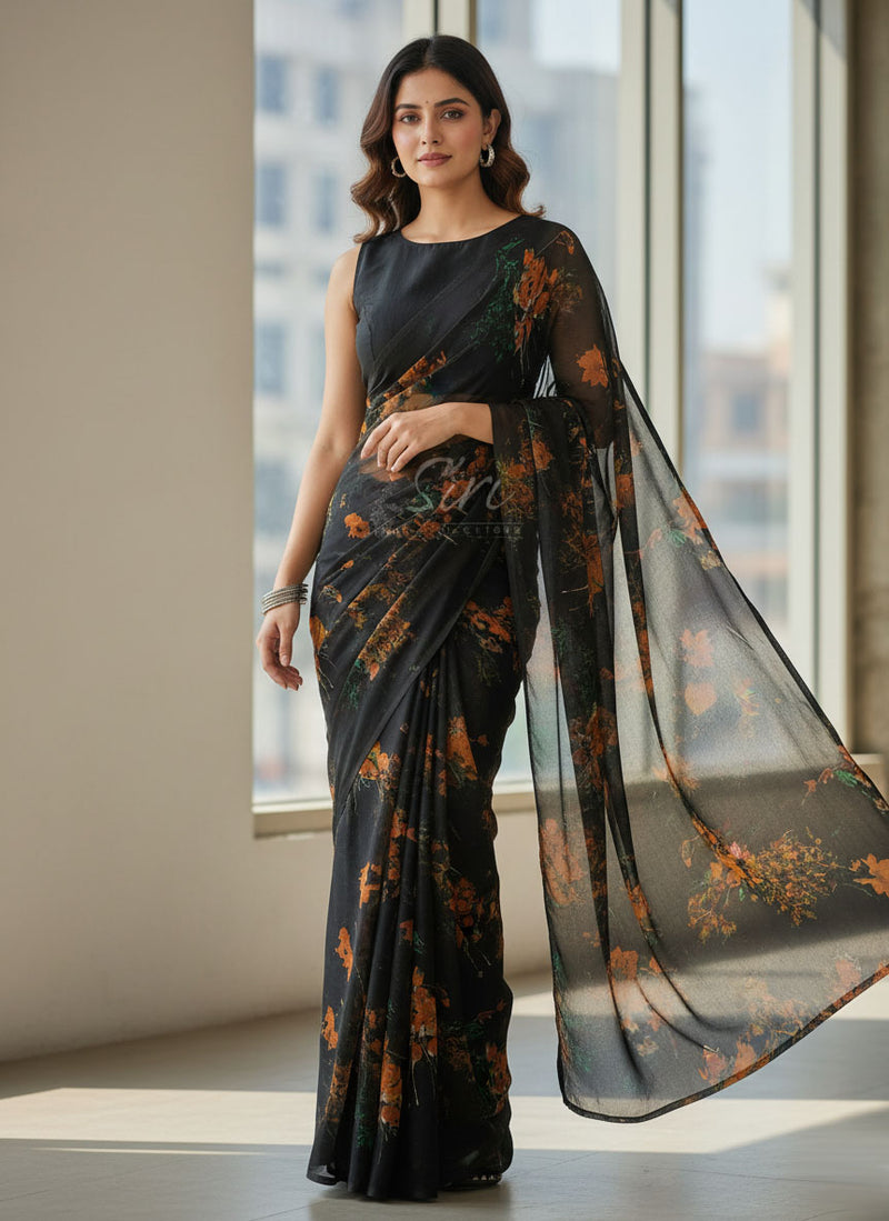 Authentic Garden Vareli Printed Nara Chiffon Saree