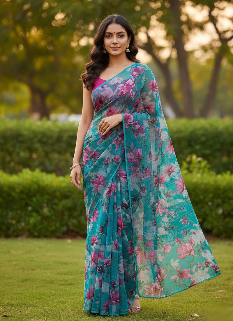 Authentic Garden Vareli Printed Nara Chiffon Saree