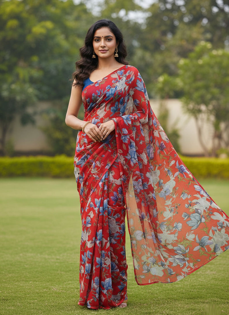 Authentic Garden Vareli Printed Nara Chiffon Saree