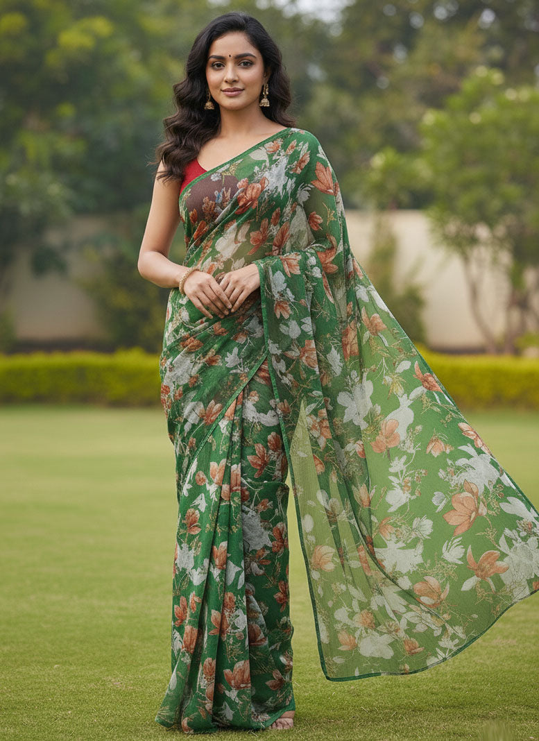 Authentic Garden Vareli Printed Nara Chiffon Saree