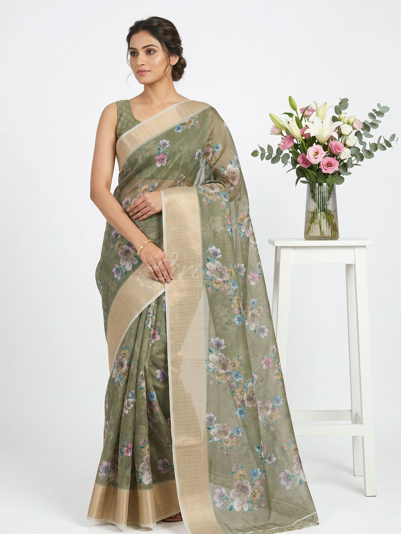 Lovely Crepe Organza Saree in Digital Print