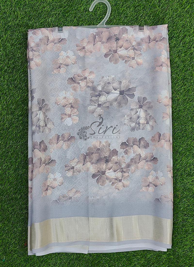 Beautiful Digital Print Georgette Saree with Silver Border