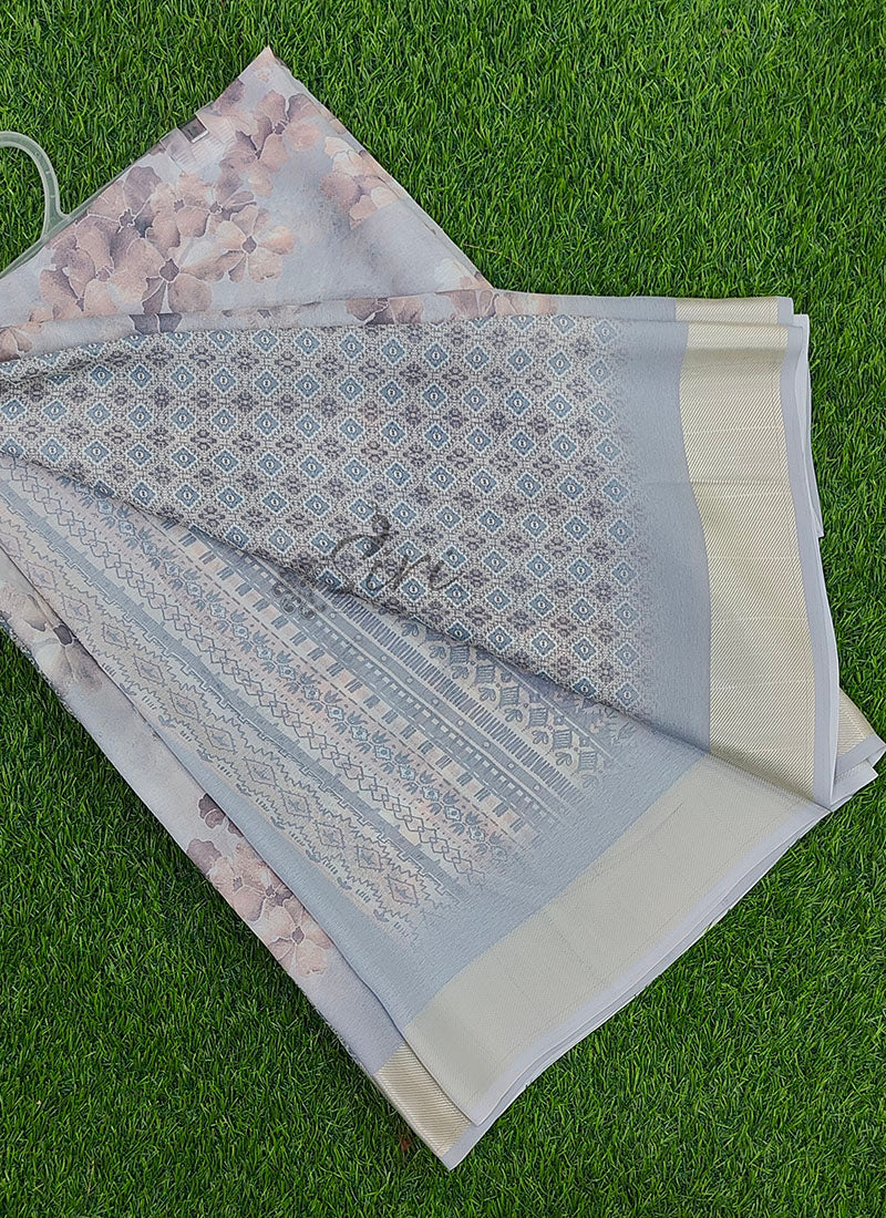 Beautiful Digital Print Georgette Saree with Silver Border