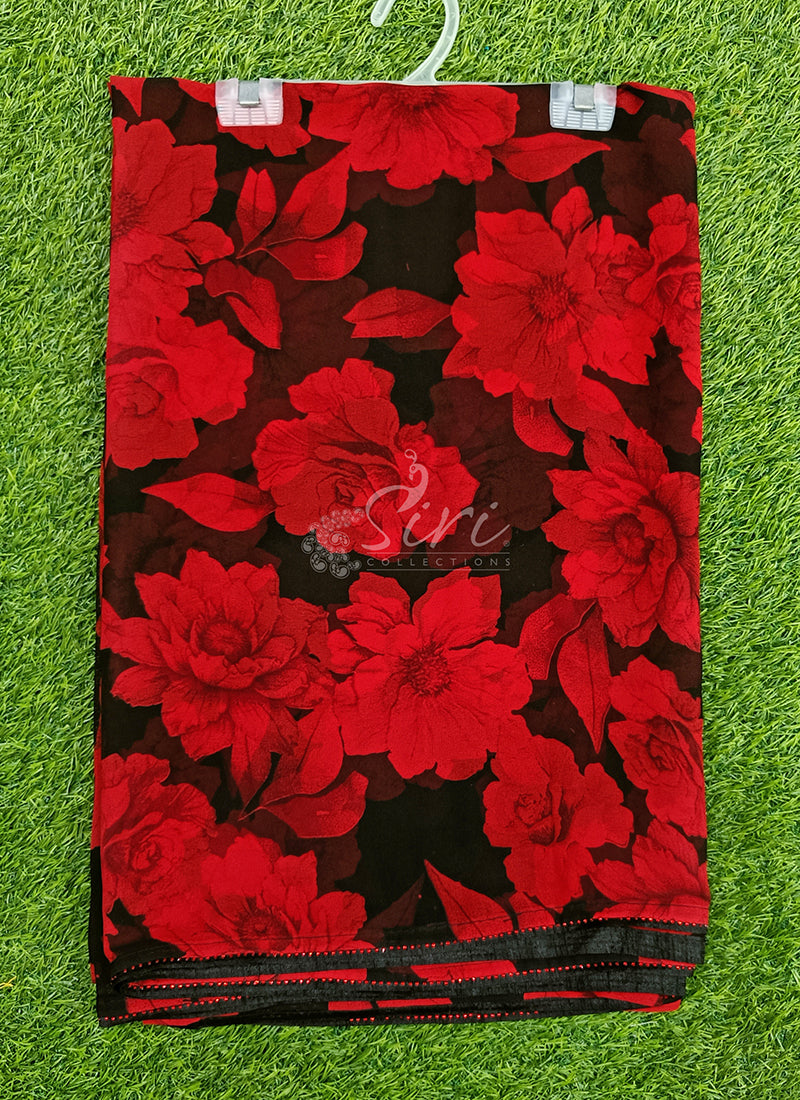Beautiful Black Red Georgette Saree