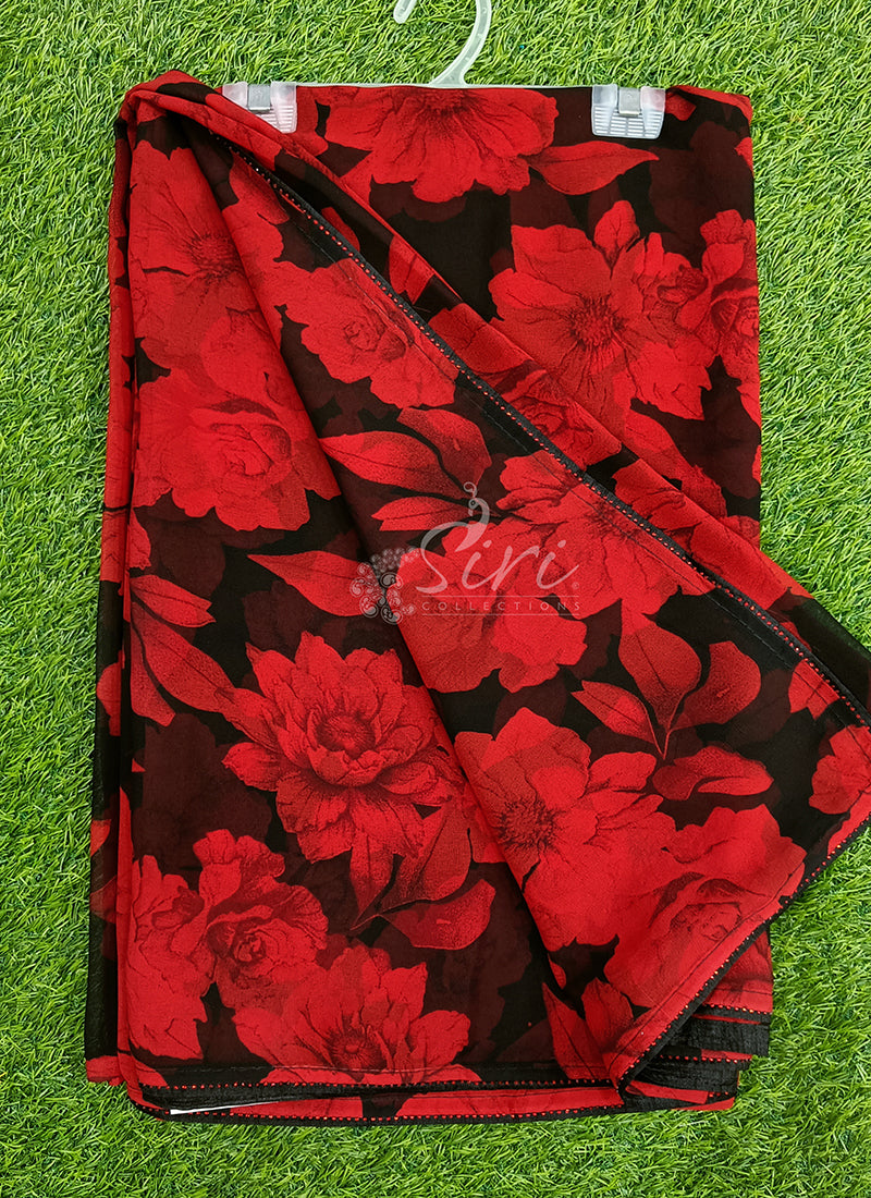 Beautiful Black Red Georgette Saree
