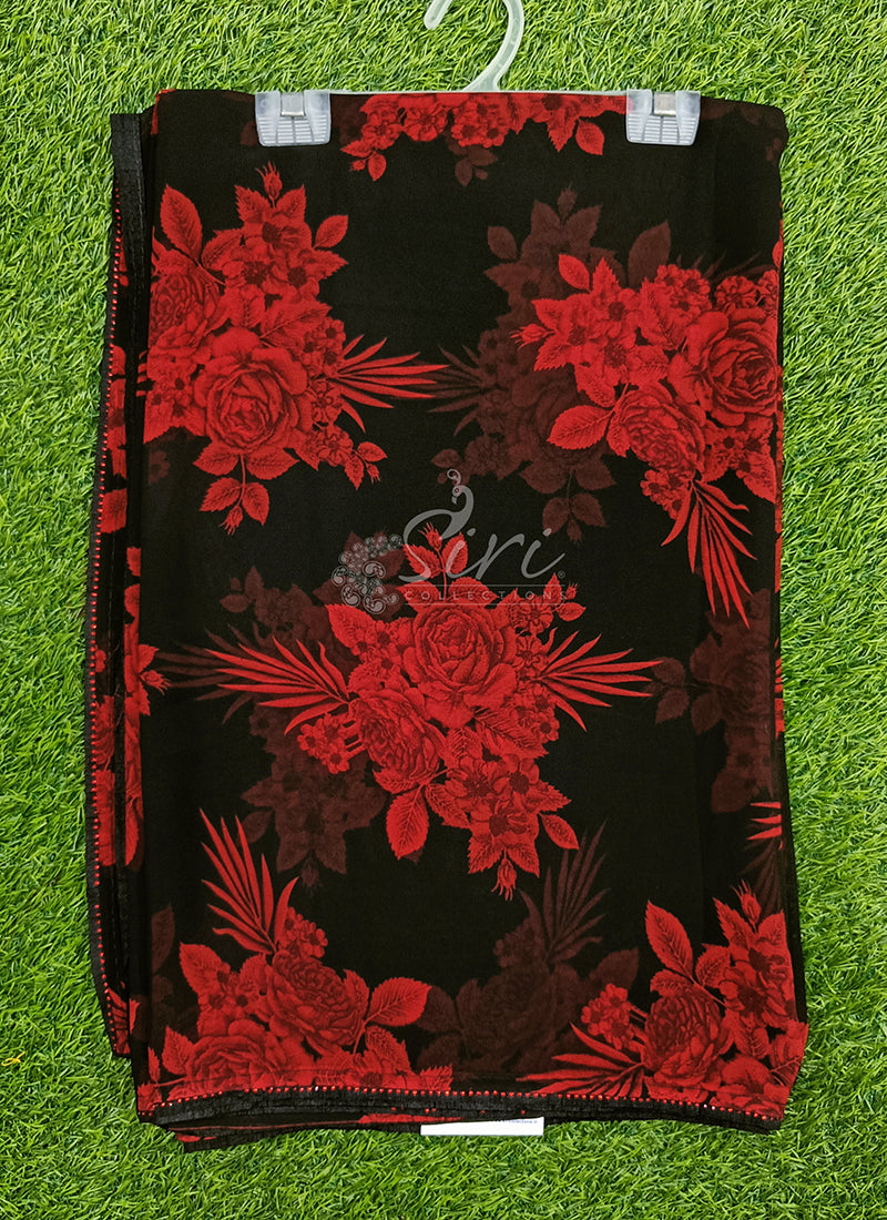 Beautiful Black Red Georgette Saree
