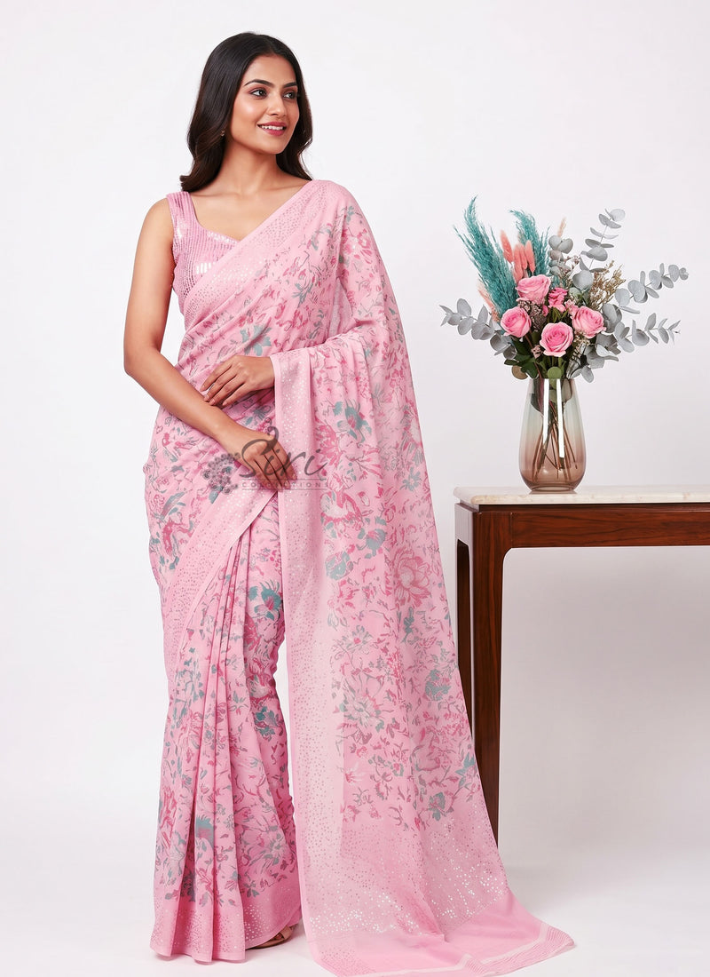 Lovely Pastel Shade Georgette Saree in Foil Print