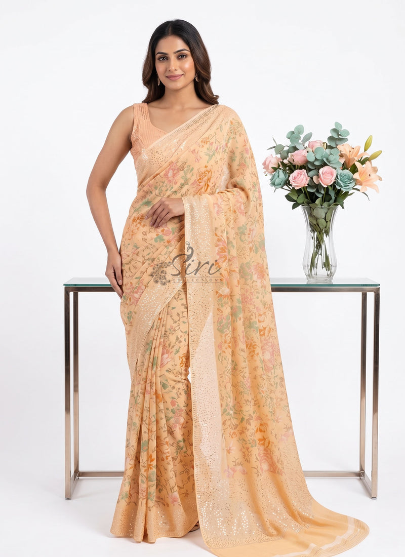 Lovely Pastel Shade Georgette Saree in Foil Print