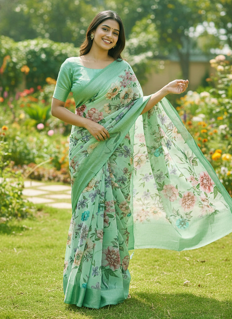Lovely Digital Print Georgette Saree in Satin Borders