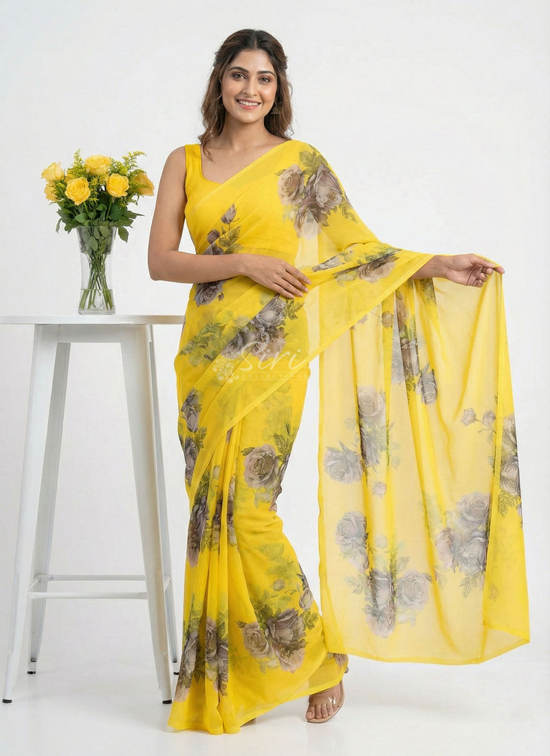 Latest Beautiful Digital Print Floral Georgette Saree