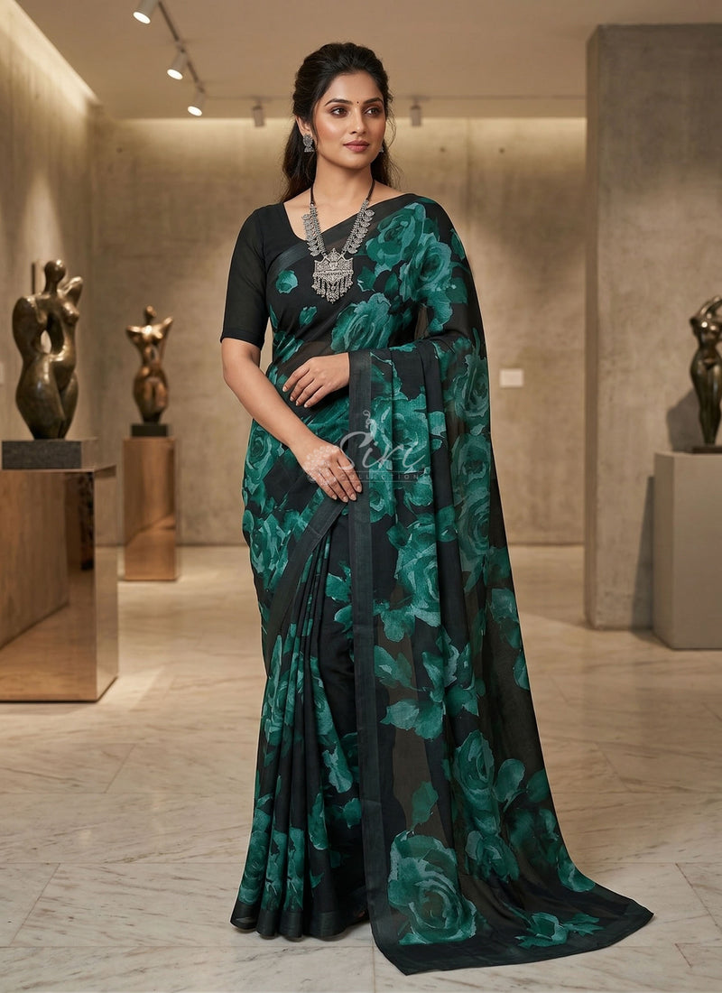 Trendy Digital Print Georgette Saree in Fine Shimmer Stripes