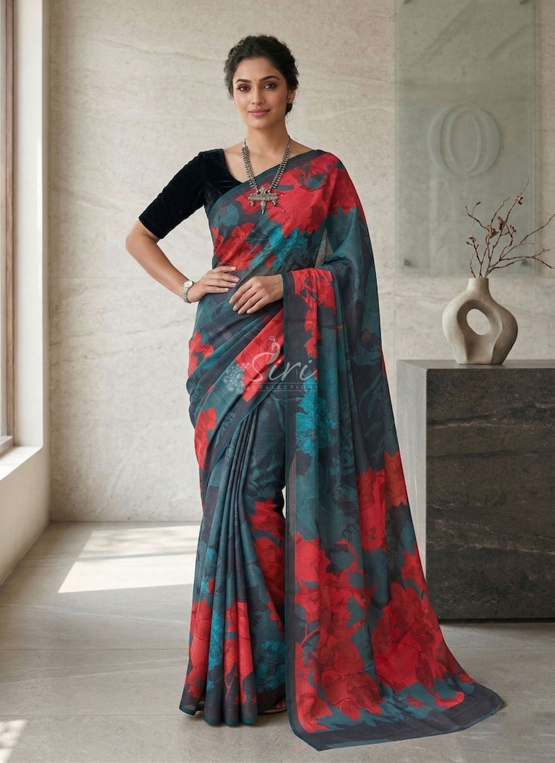 Trendy Digital Print Georgette Saree in Fine Shimmer Stripes