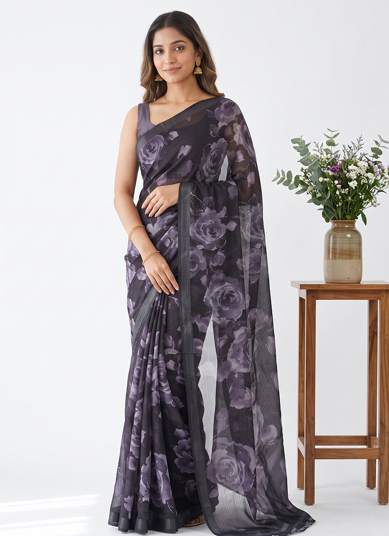 Trendy Digital Print Georgette Saree in Self Shimmer Lines