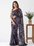 Trendy Digital Print Georgette Saree in Self Shimmer Lines
