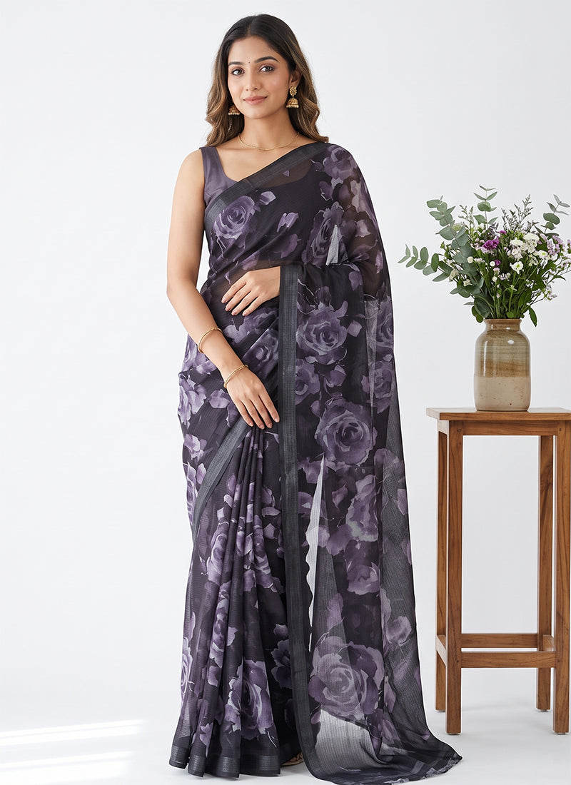 Trendy Digital Print Georgette Saree in Self Shimmer Lines