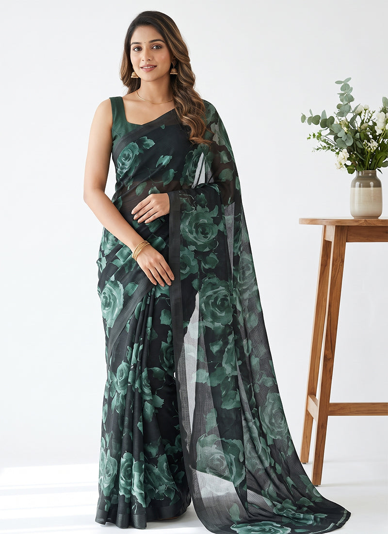 Trendy Digital Print Georgette Saree in Self Shimmer Lines