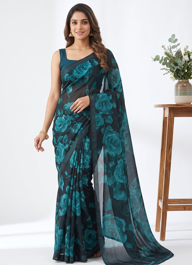 Trendy Digital Print Georgette Saree in Self Shimmer Lines