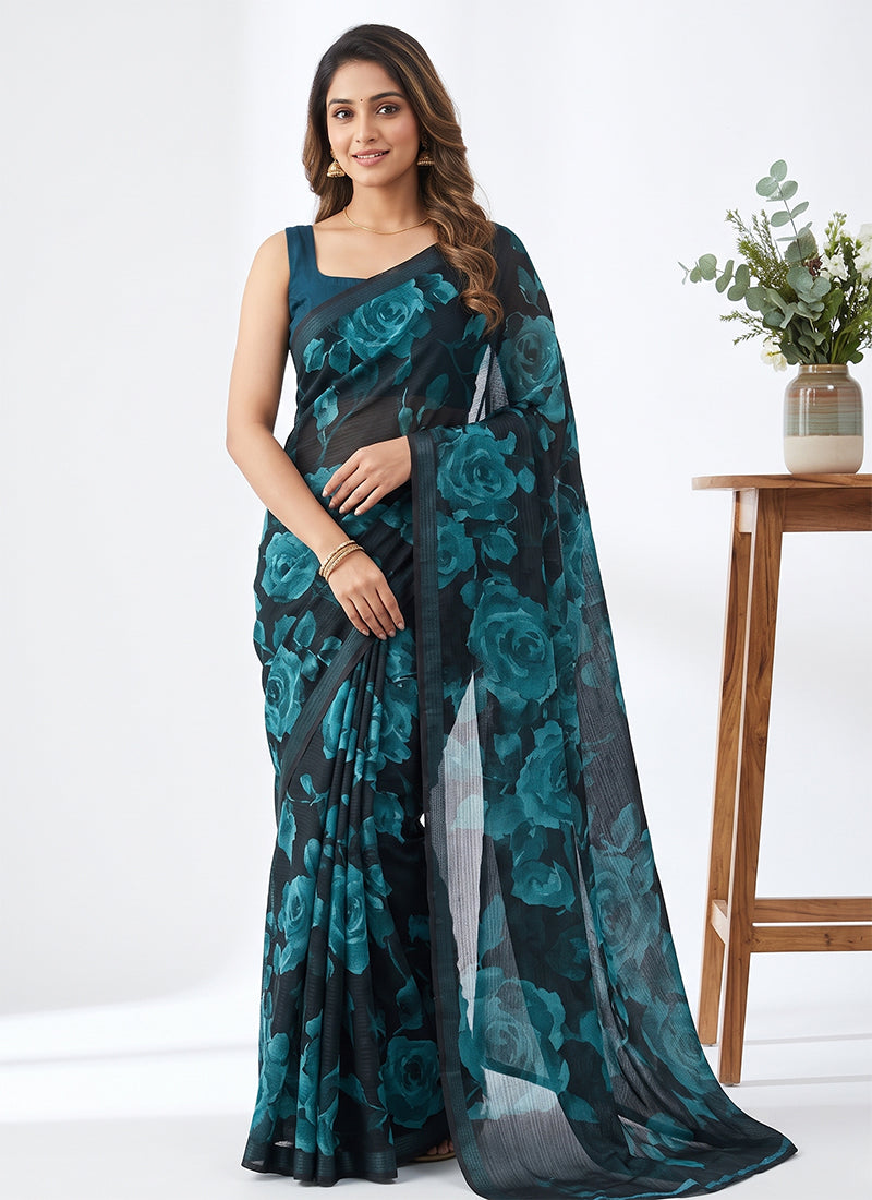 Trendy Digital Print Georgette Saree in Self Shimmer Lines