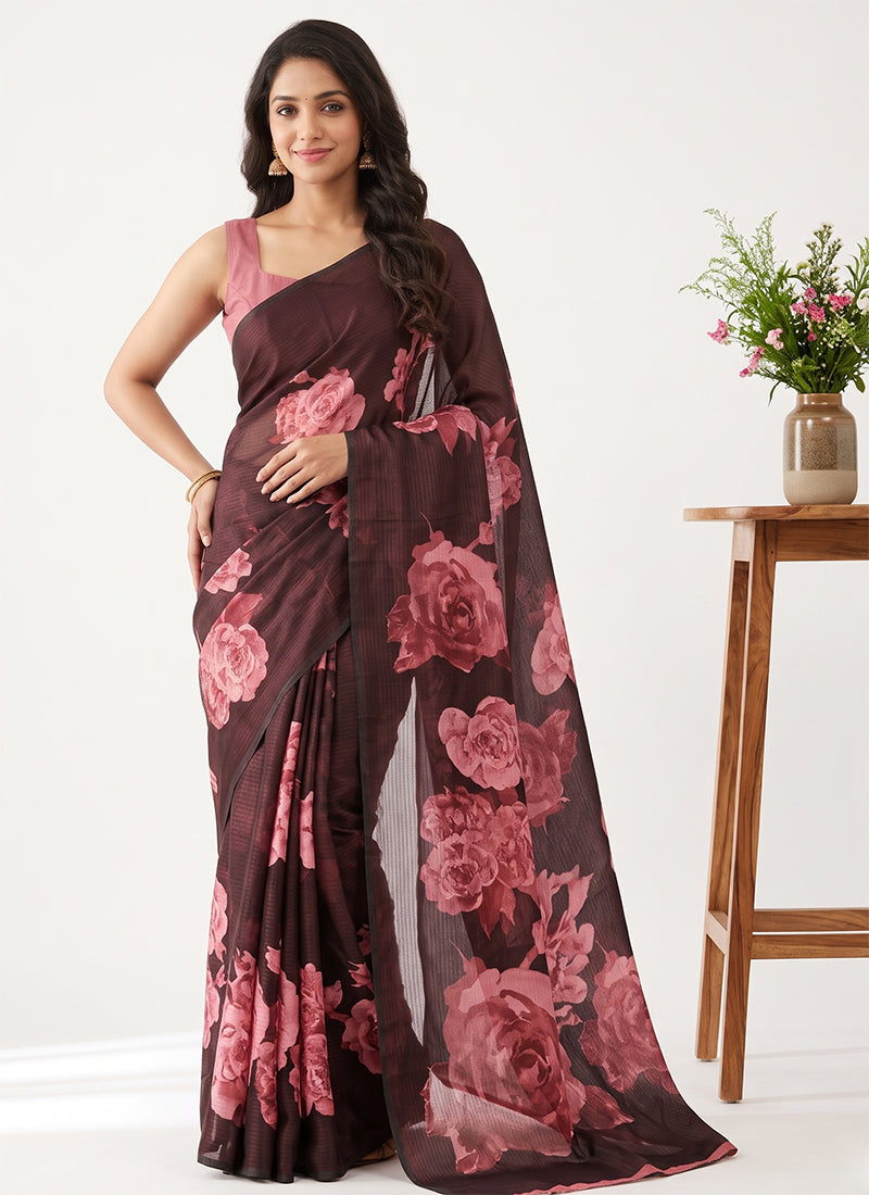 Trendy Digital Print Georgette Saree in Self Shimmer Lines