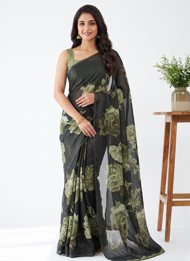 Trendy Digital Print Georgette Saree in Self Shimmer Lines