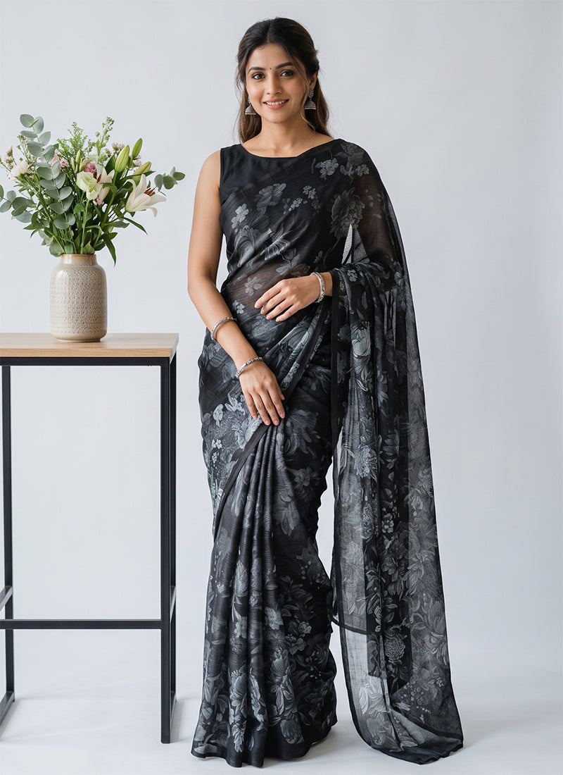 Trendy Digital Print Georgette Saree in Self Shimmer Lines