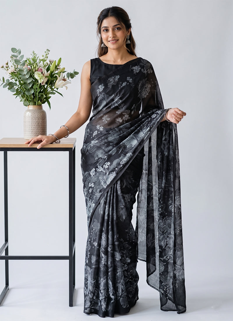 Trendy Digital Print Georgette Saree in Self Shimmer Lines
