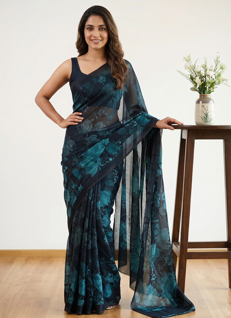 Trendy Digital Print Georgette Saree in Self Shimmer Lines