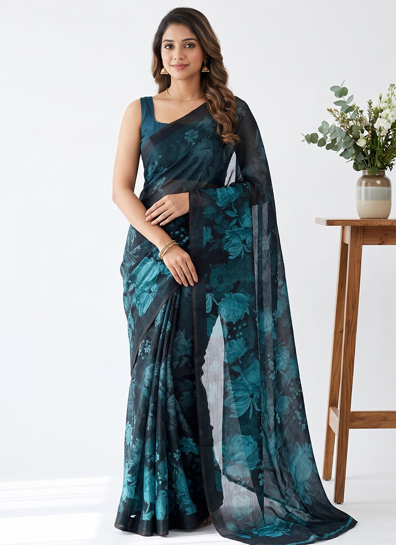 Trendy Digital Print Georgette Saree in Self Shimmer Lines