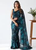 Trendy Digital Print Georgette Saree in Self Shimmer Lines