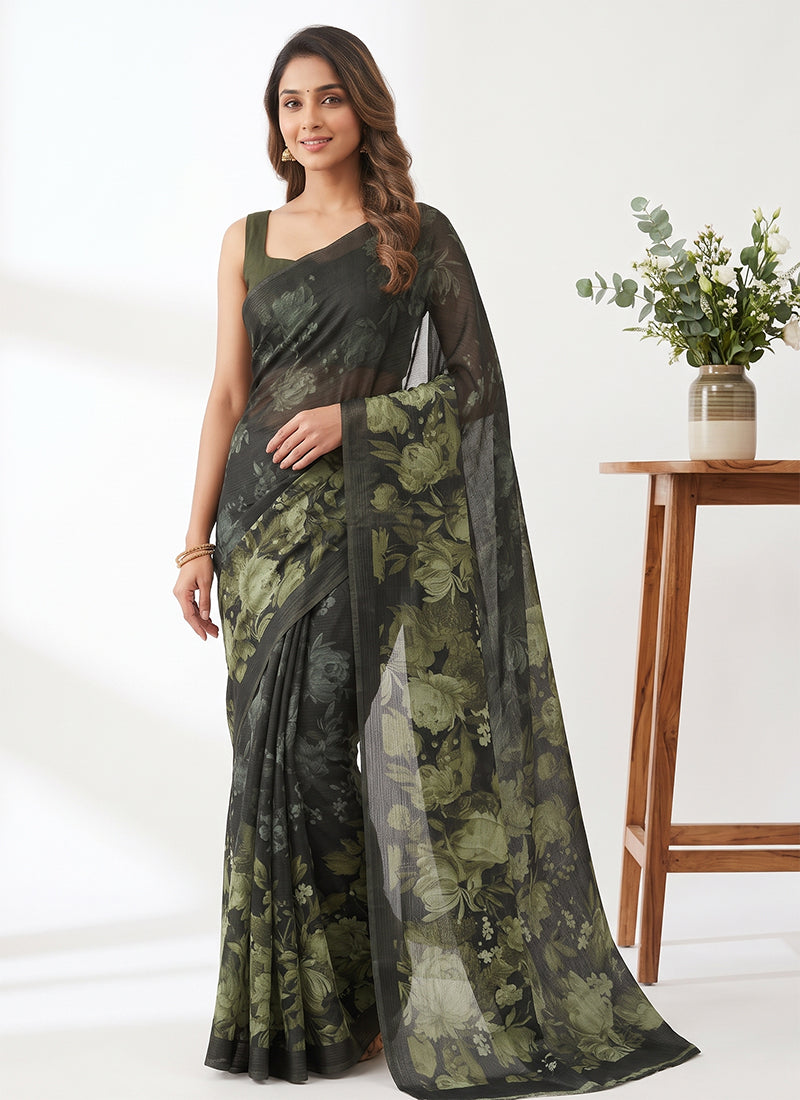Trendy Digital Print Georgette Saree in Self Shimmer Lines