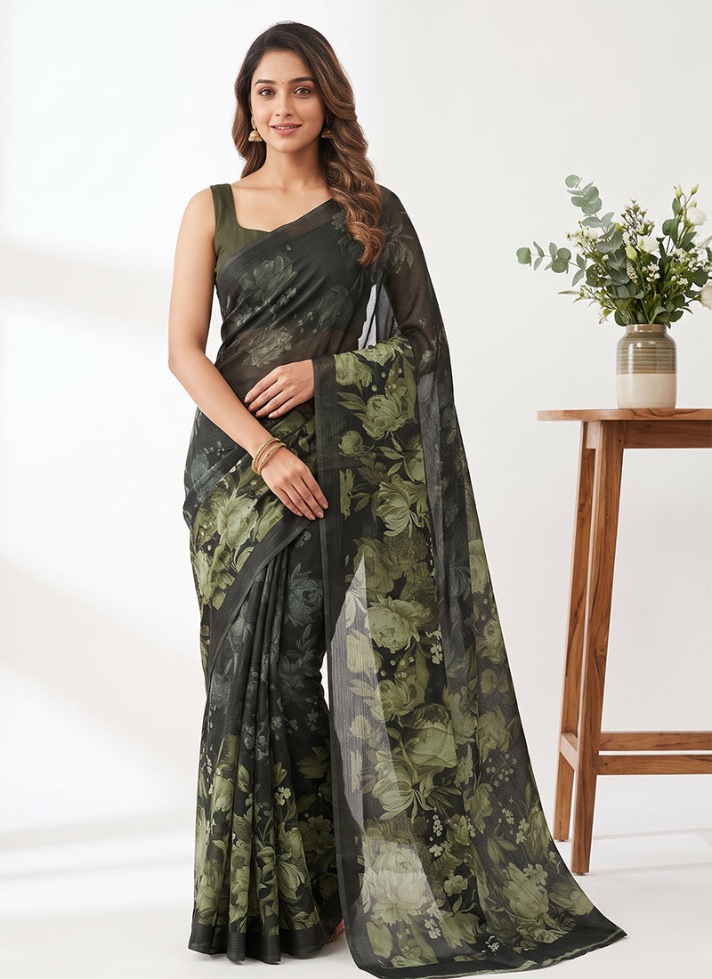 Trendy Digital Print Georgette Saree in Self Shimmer Lines