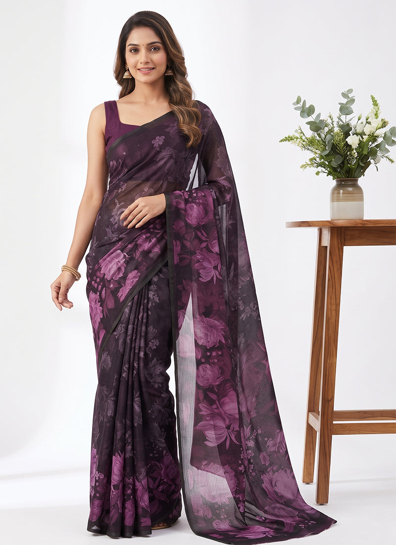 Trendy Digital Print Georgette Saree in Self Shimmer Lines