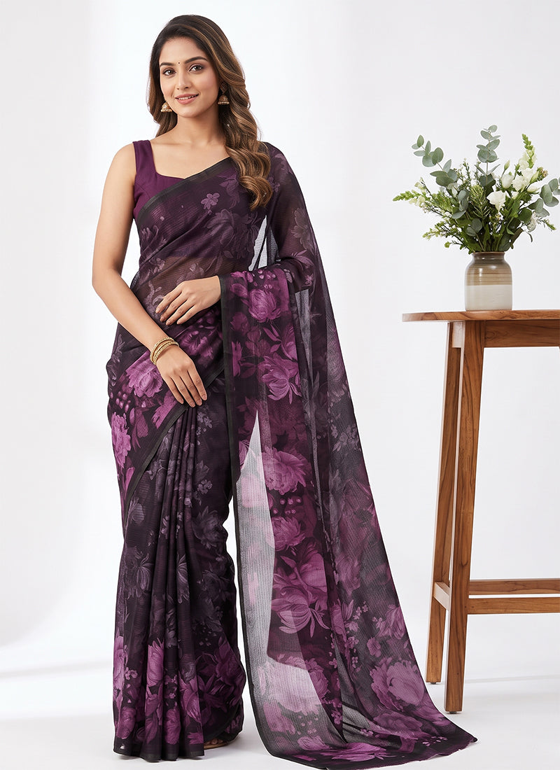Trendy Digital Print Georgette Saree in Self Shimmer Lines