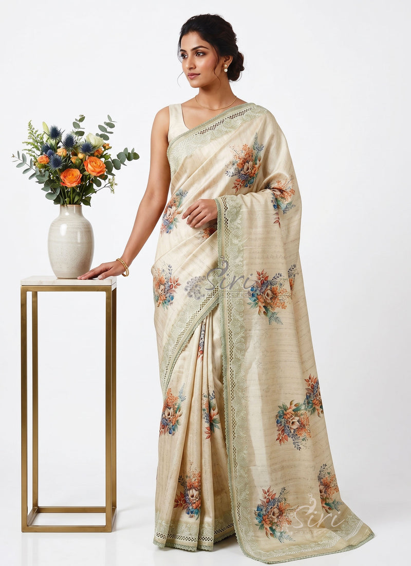 Elegant Digital Print Semi Tussar Saree in Cutwork Borders