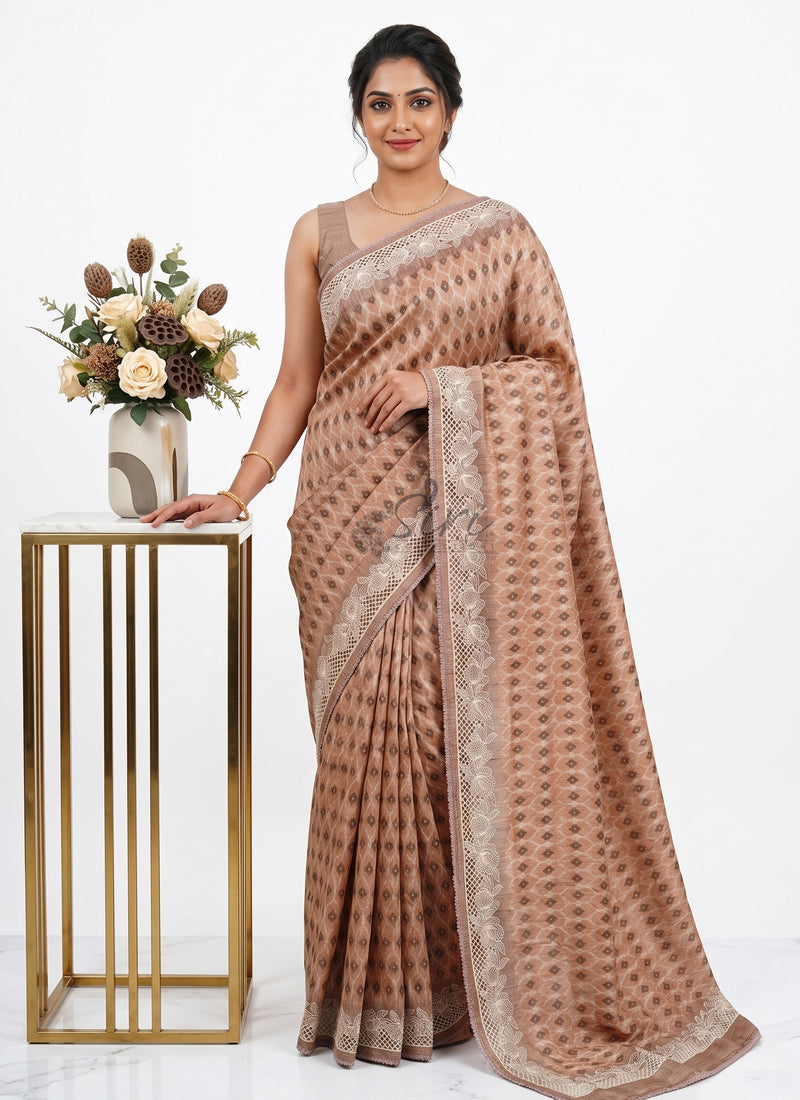 Elegant Digital Print Semi Tussar Saree in Cutwork Borders