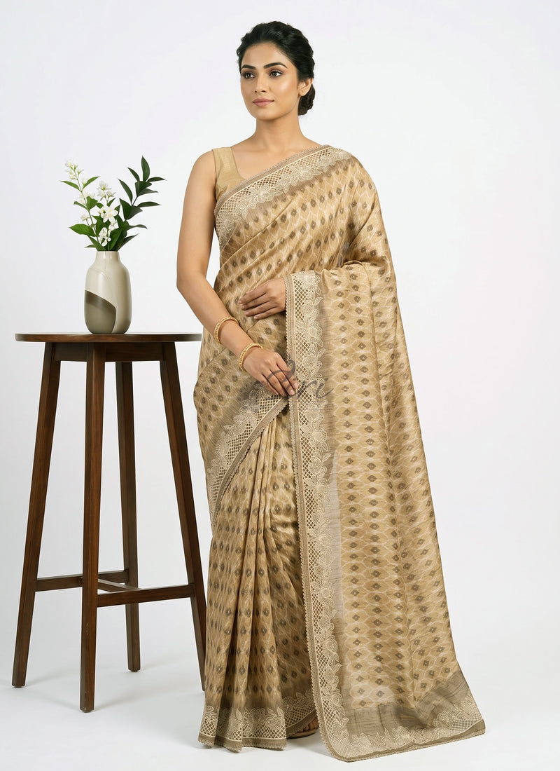 Elegant Digital Print Semi Tussar Saree in Cutwork Borders