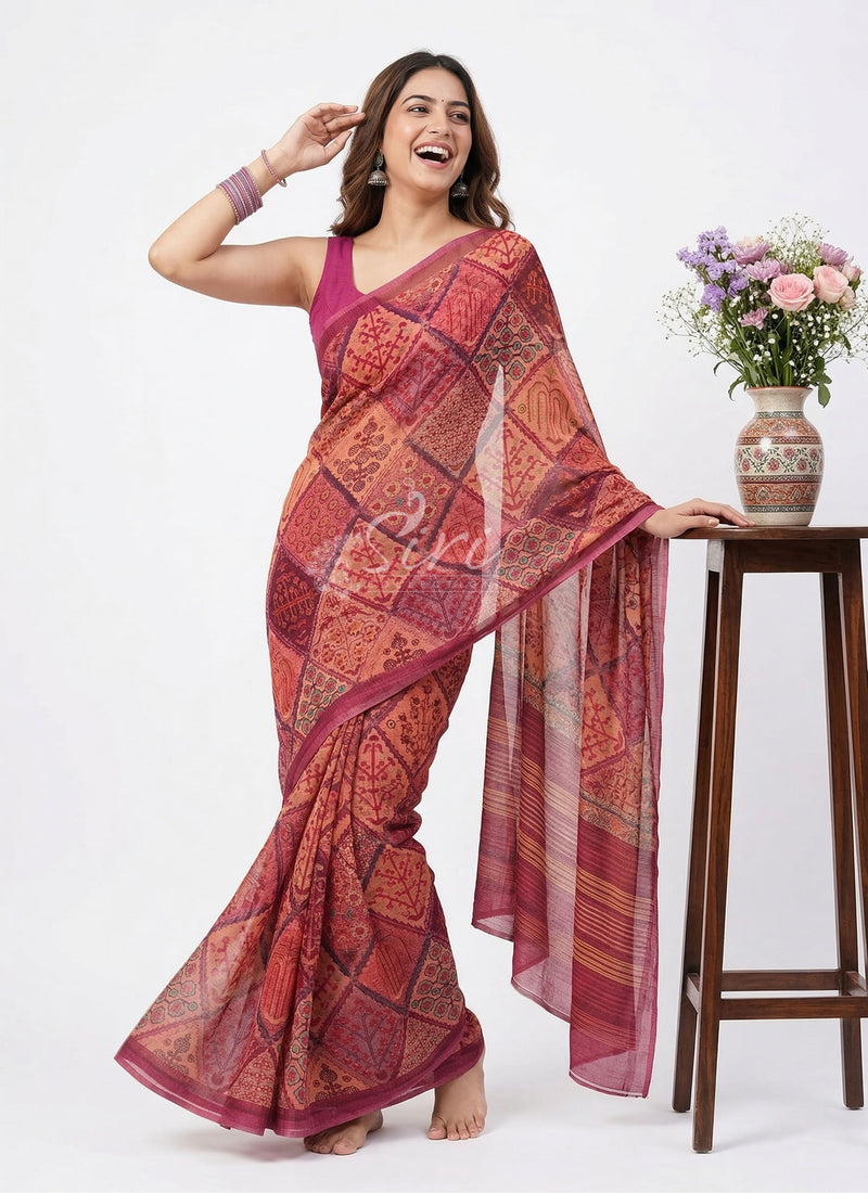 Premium Digital Print Chiffon Sarees with Blouse