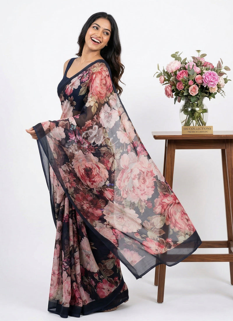 Premium Digital Print Chiffon Sarees with Blouse