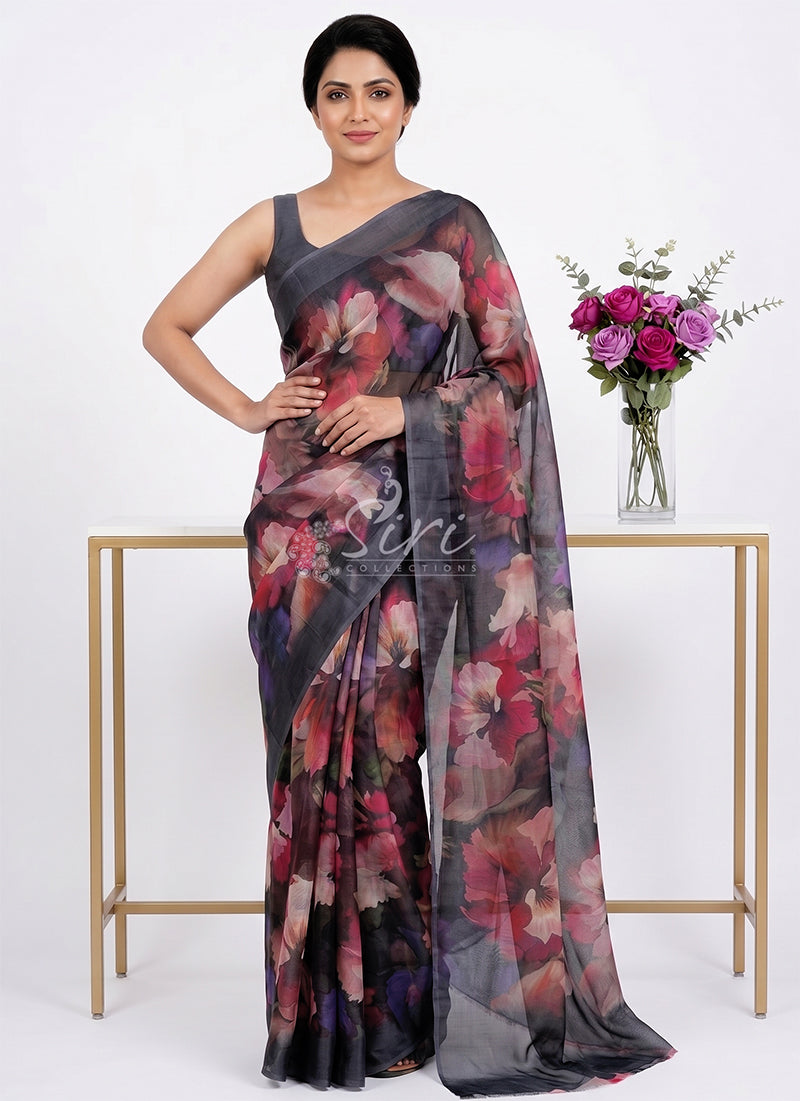 Lovely Digital Print Chiffon Saree in Satin Finish Border