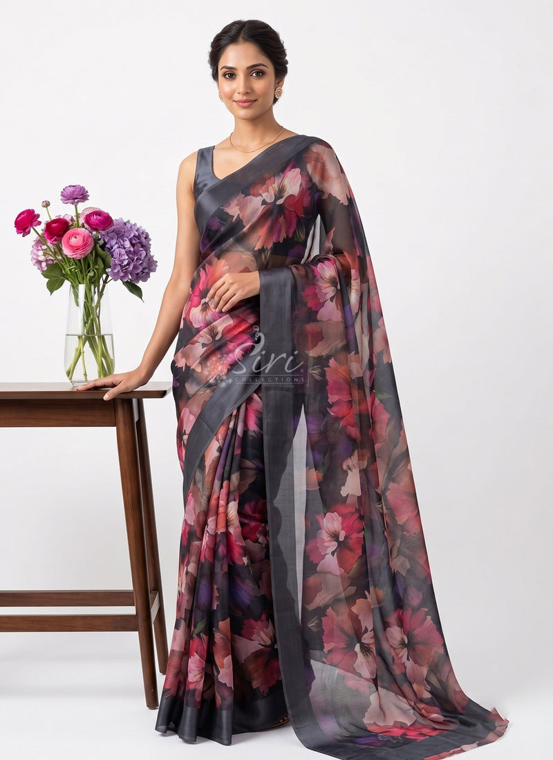 Lovely Digital Print Chiffon Saree in Satin Finish Border