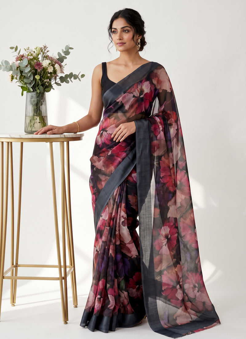Lovely Digital Print Chiffon Saree in Satin Finish Border