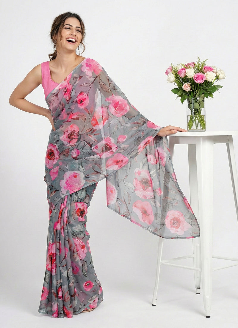 Latest Digital Print Nara Chiffon Saree with Blouse