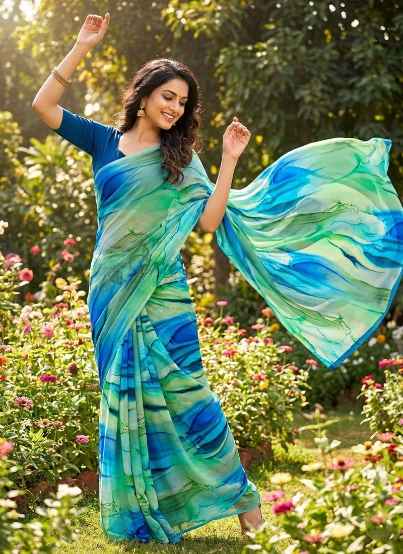 Latest Digital Print Nara Chiffon Saree with Blouse